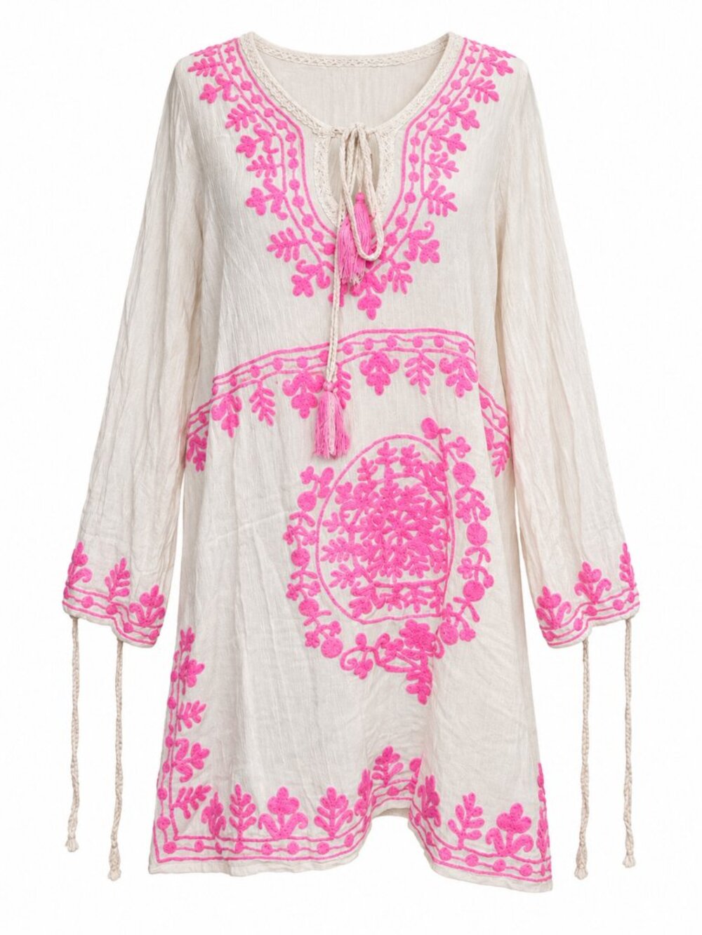 Rise & Bloom Cream Pink Floral Embroidered Boho Tunic XL
